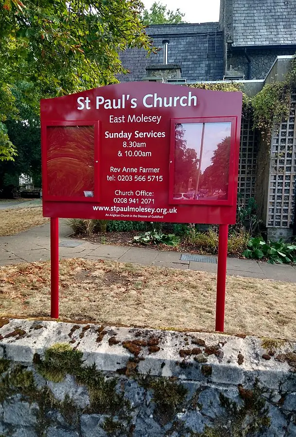 Front view of installed church noticeboard at East Molesey